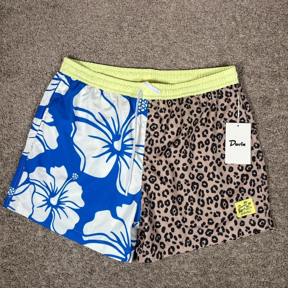 Duvin Design Co Split Flower Swim Shorts Mens 2XL Blue‎ Floral Leopard Print New